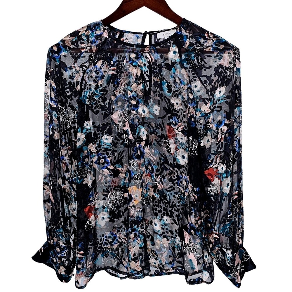 REISS Inga Floral Burnout Blouse Top Sheer Womens 6US 10UK Preppy Chic Elegant